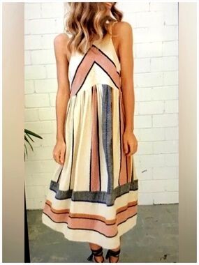 🌸 Free People Bloom Striped Midi Dress Boho Festival Cotton Sundress Size Medium